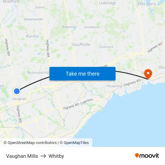 Vaughan Mills to Whitby map