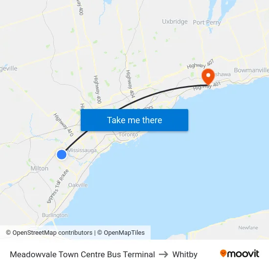 Meadowvale Town Centre Bus Terminal to Whitby map