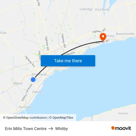 Erin Mills Town Centre to Whitby map