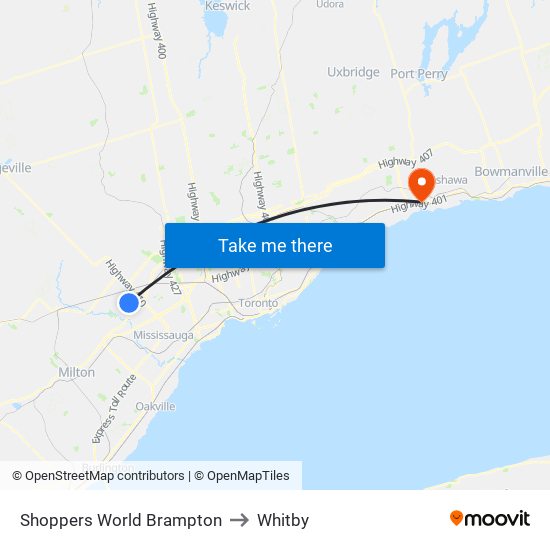 Shoppers World Brampton to Whitby map