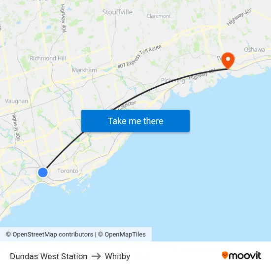 Dundas West Station to Whitby map