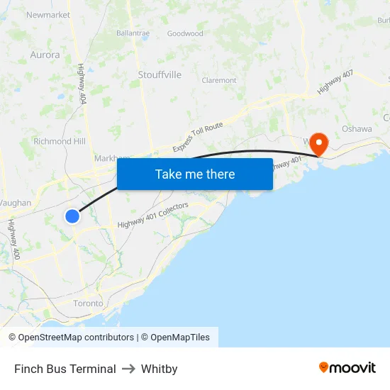 Finch Bus Terminal to Whitby map