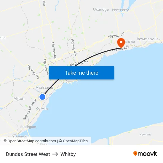 Dundas Street West to Whitby map