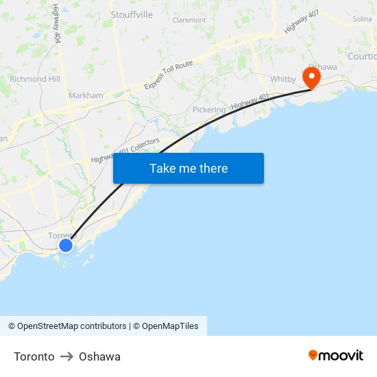 Toronto to Oshawa map