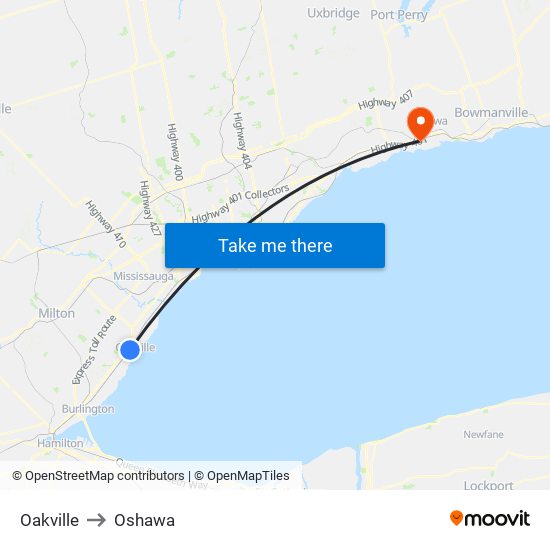 Oakville to Oshawa map