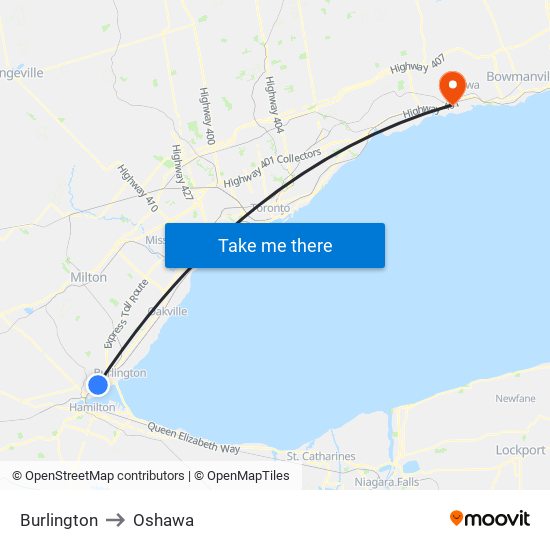 Burlington to Oshawa map