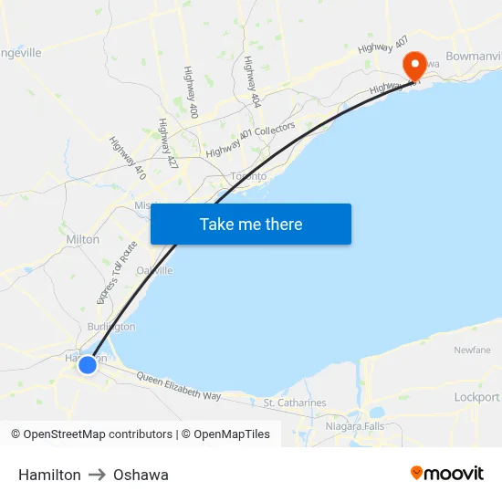 Hamilton to Oshawa map