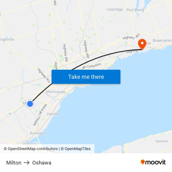 Milton to Oshawa map