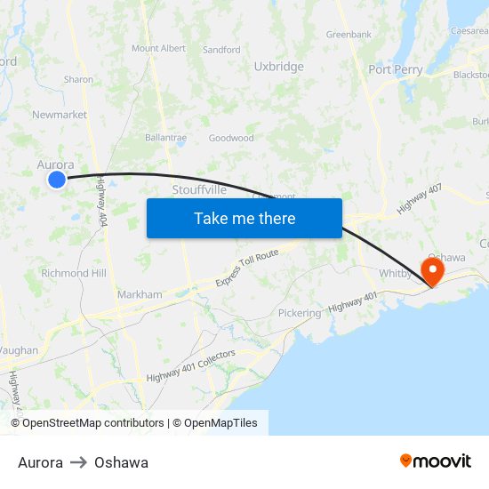 Aurora to Oshawa map