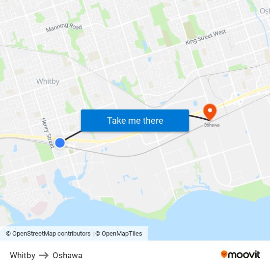 Whitby to Oshawa map