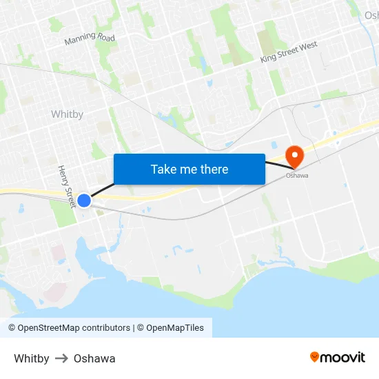 Whitby to Oshawa map
