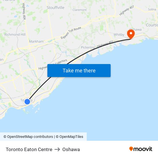 Toronto Eaton Centre to Oshawa map