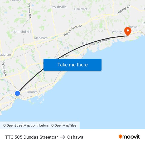 TTC 505 Dundas Streetcar to Oshawa map