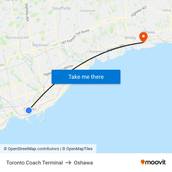 Toronto Coach Terminal to Oshawa map