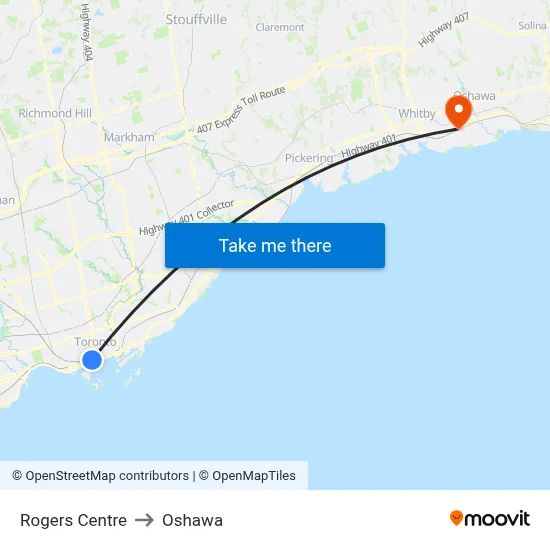 Rogers Centre to Oshawa map