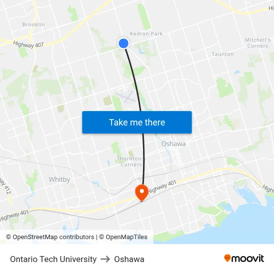 Ontario Tech University to Oshawa map