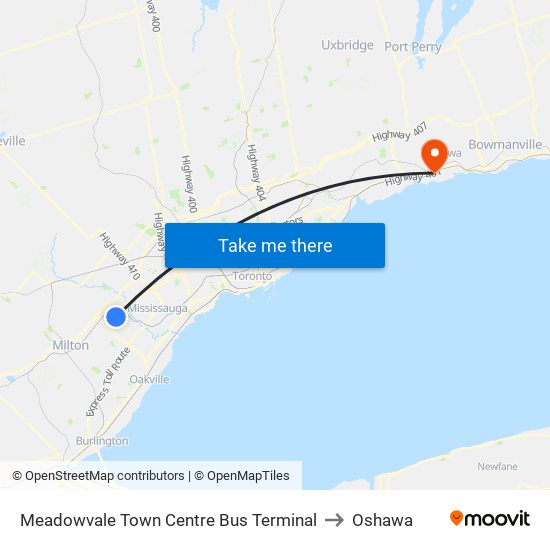 Meadowvale Town Centre Bus Terminal to Oshawa map
