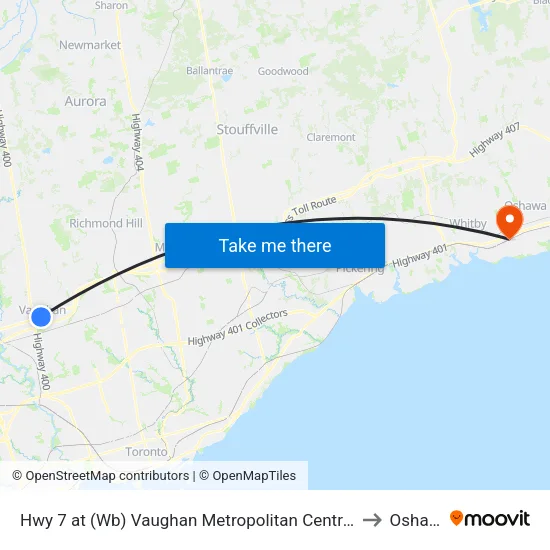 Hwy 7 at (Wb) Vaughan Metropolitan Centre Station to Oshawa map