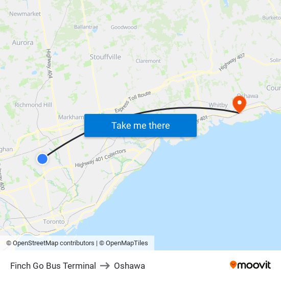 Finch Go Bus Terminal to Oshawa map