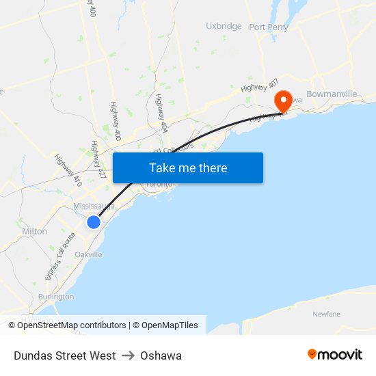 Dundas Street West to Oshawa map