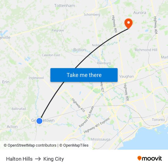 Halton Hills to King City map