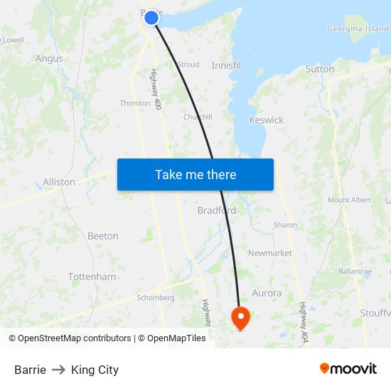 Barrie to King City map