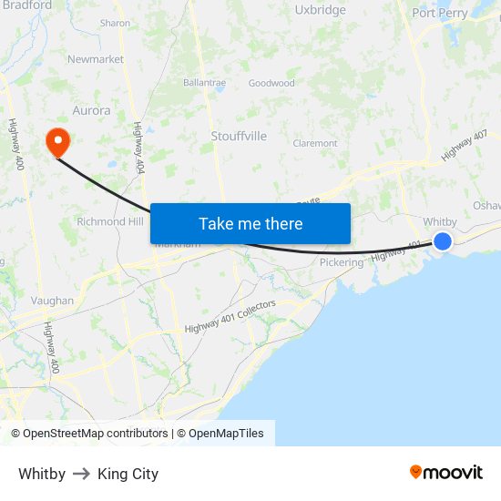 Whitby to King City map