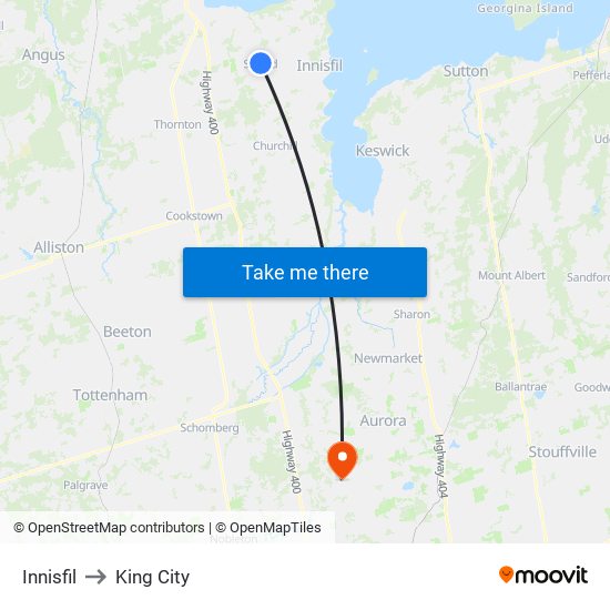 Innisfil to King City map
