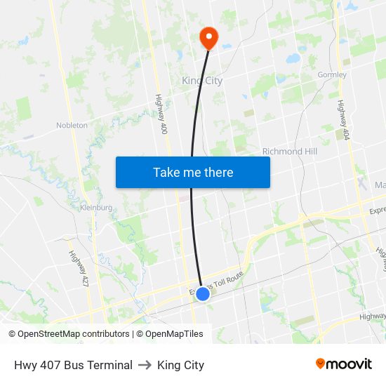 Hwy 407 Bus Terminal to King City map