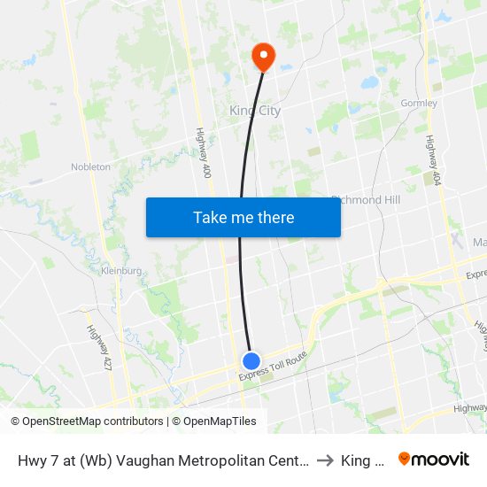 Hwy 7 at (Wb) Vaughan Metropolitan Centre Station to King City map