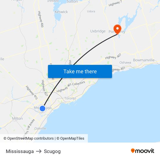 Mississauga to Scugog map