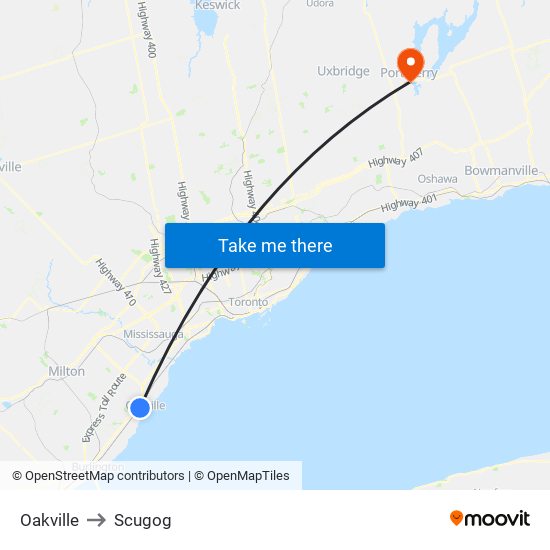 Oakville to Scugog map