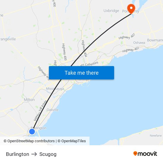 Burlington to Scugog map