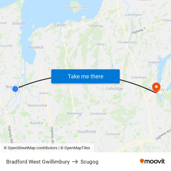 Bradford West Gwillimbury to Scugog map