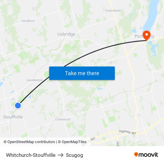 Whitchurch-Stouffville to Scugog map