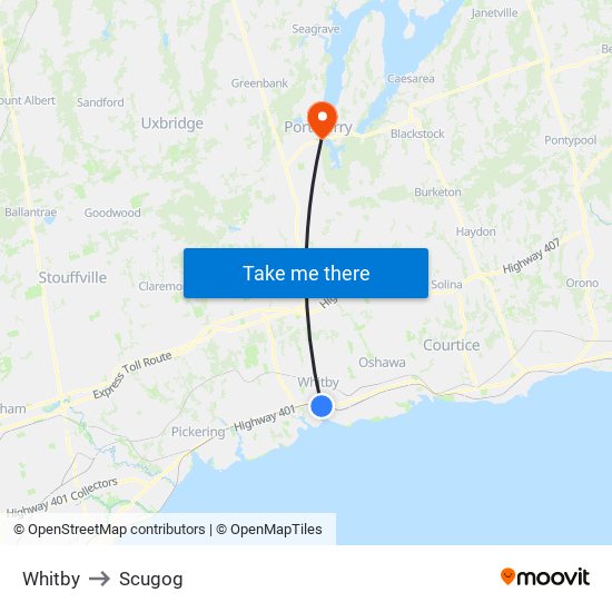 Whitby to Scugog map