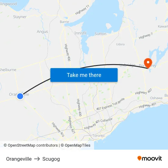 Orangeville to Scugog map