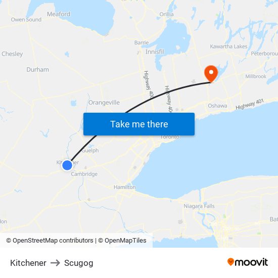 Kitchener to Scugog map