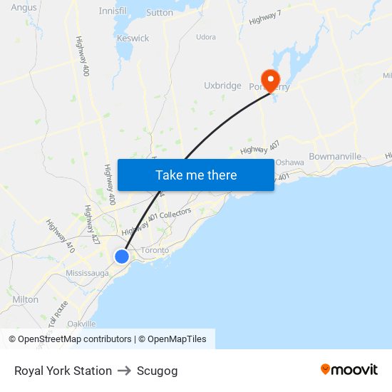 Royal York Station to Scugog map
