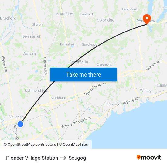 Pioneer Village Station to Scugog map