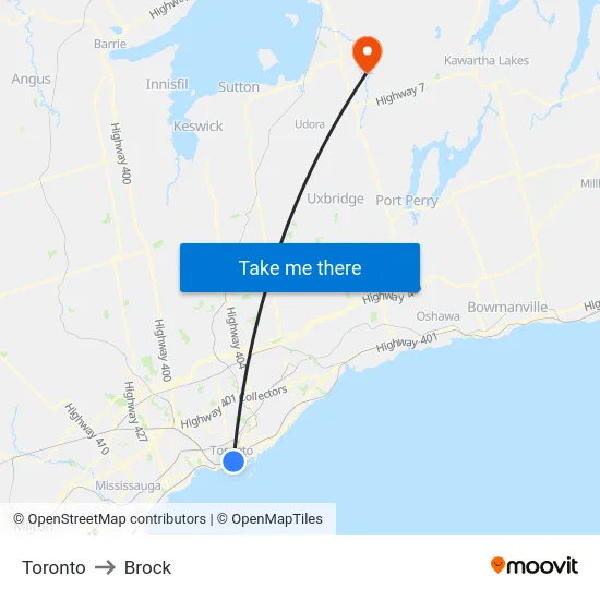 Toronto to Brock map