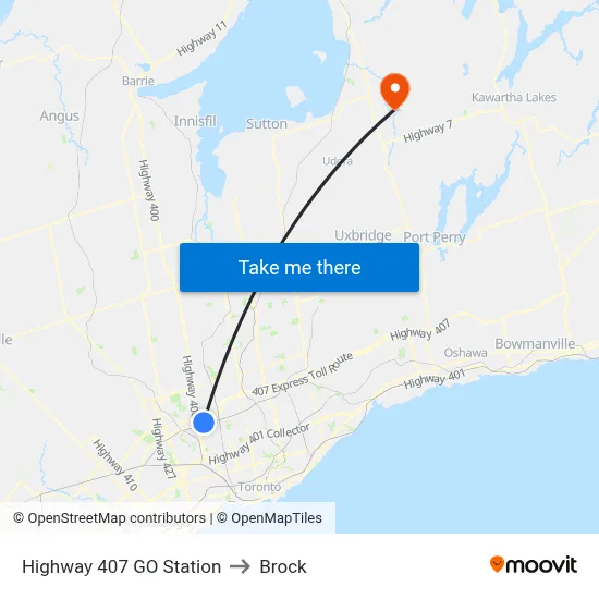 Highway 407 GO Station to Brock map