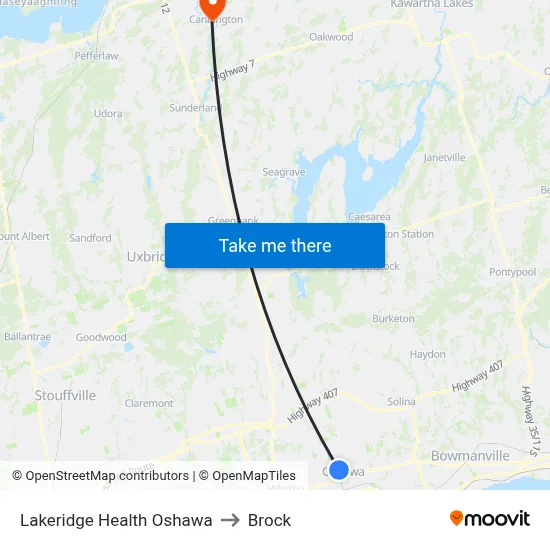 Lakeridge Health Oshawa to Brock map