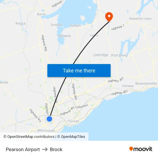 Pearson Airport to Brock map