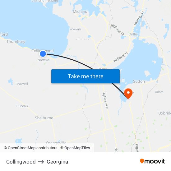 Collingwood to Georgina map