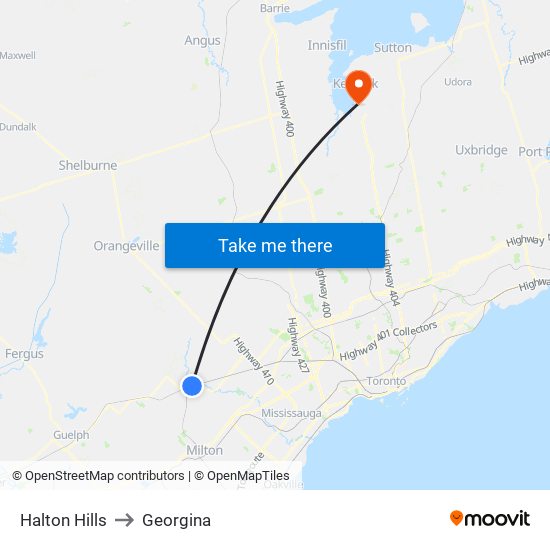 Halton Hills to Georgina map