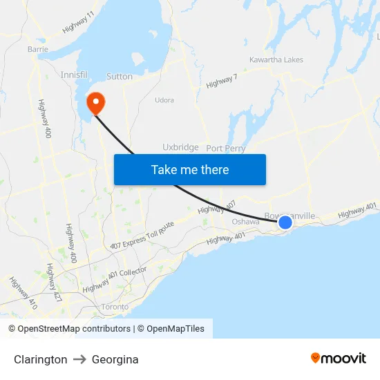 Clarington to Georgina map