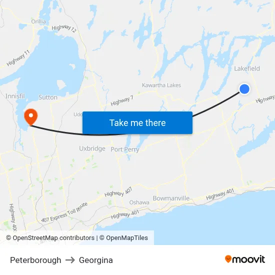 Peterborough to Georgina map