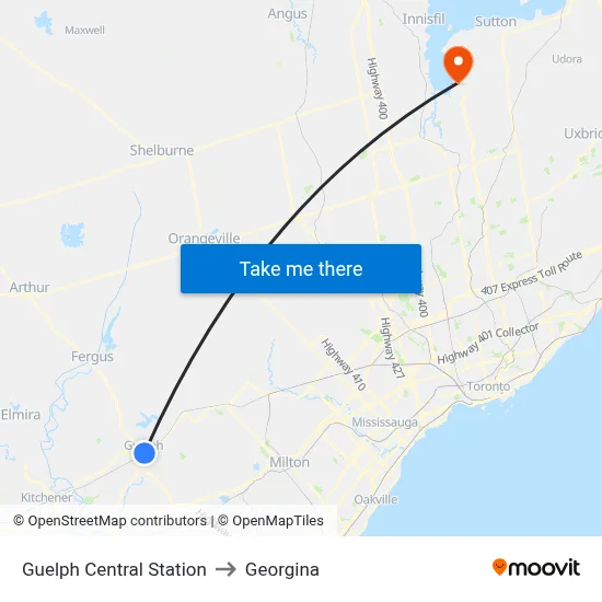 Guelph Central Station to Georgina map