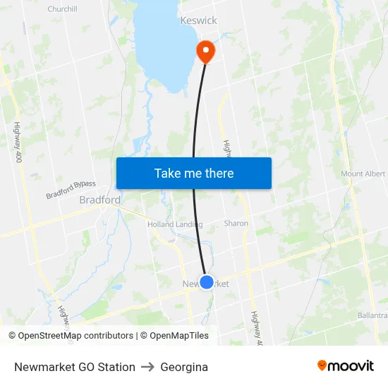 Newmarket GO Station to Georgina map